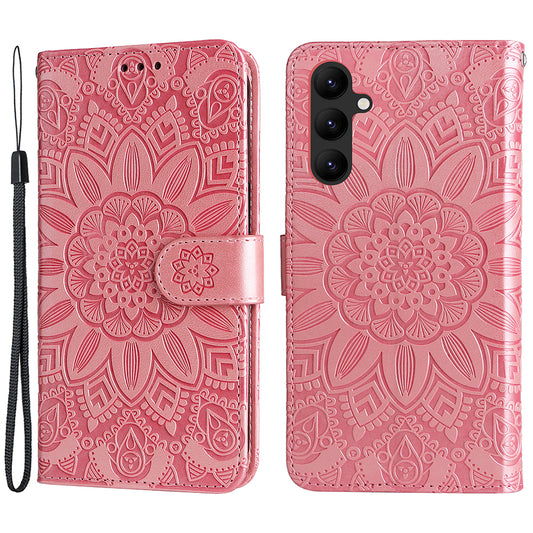 Leather Phone Case for Samsung Galaxy A24 4G , Stand Wallet Sunflower Imprinted Cover with Hand Strap