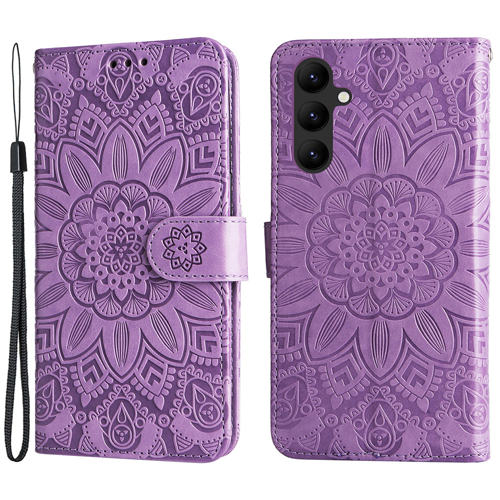 Leather Phone Case for Samsung Galaxy A24 4G , Stand Wallet Sunflower Imprinted Cover with Hand Strap