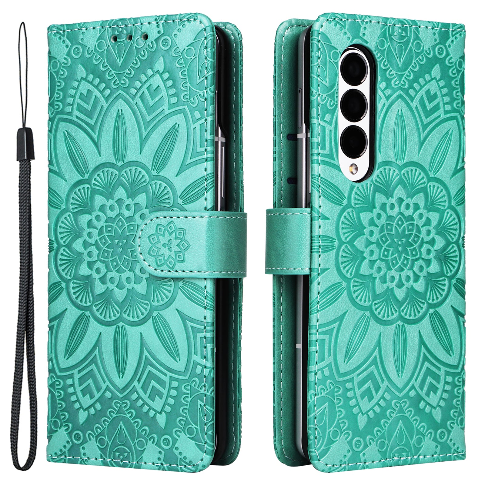 For Samsung Galaxy Z Fold3 5G Wallet Phone Case Stand Sunflower Imprinted Leather Folding Phone Cover with Strap
