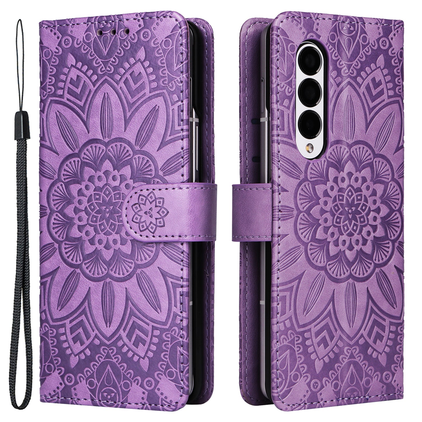 For Samsung Galaxy Z Fold3 5G Wallet Phone Case Stand Sunflower Imprinted Leather Folding Phone Cover with Strap
