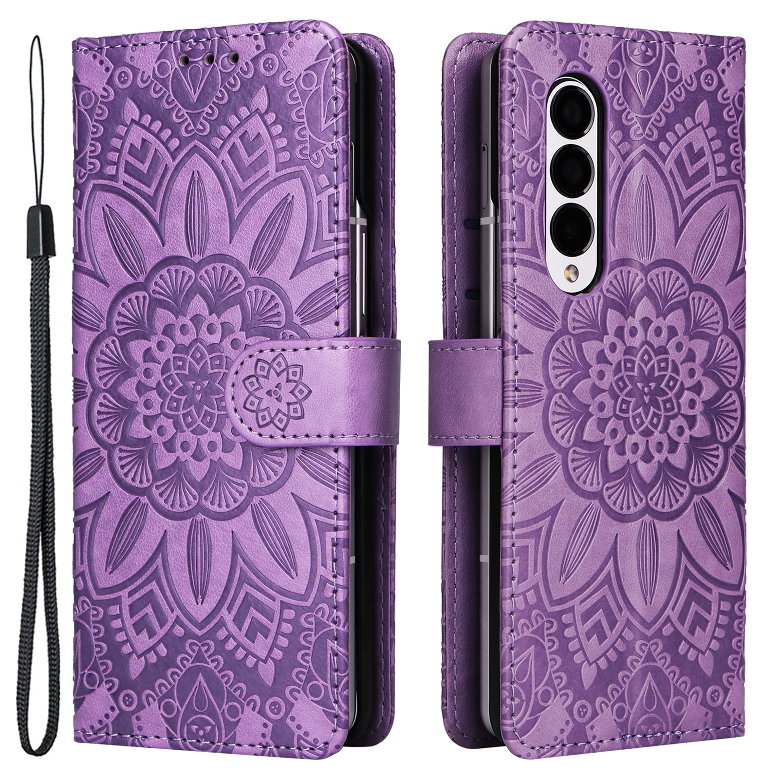 For Samsung Galaxy Z Fold3 5G Wallet Phone Case Stand Sunflower Imprinted Leather Folding Phone Cover with Strap