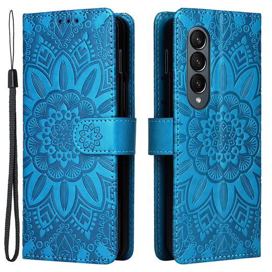For Samsung Galaxy Z Fold4 5G Leather Stand Phone Case Sunflower Imprinted Wallet Folding Phone Cover with Strap