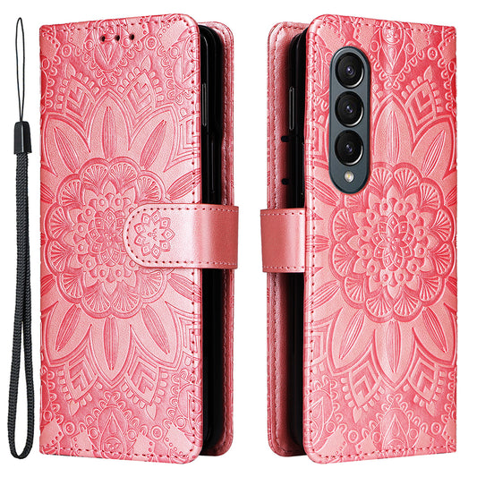 For Samsung Galaxy Z Fold4 5G Leather Stand Phone Case Sunflower Imprinted Wallet Folding Phone Cover with Strap