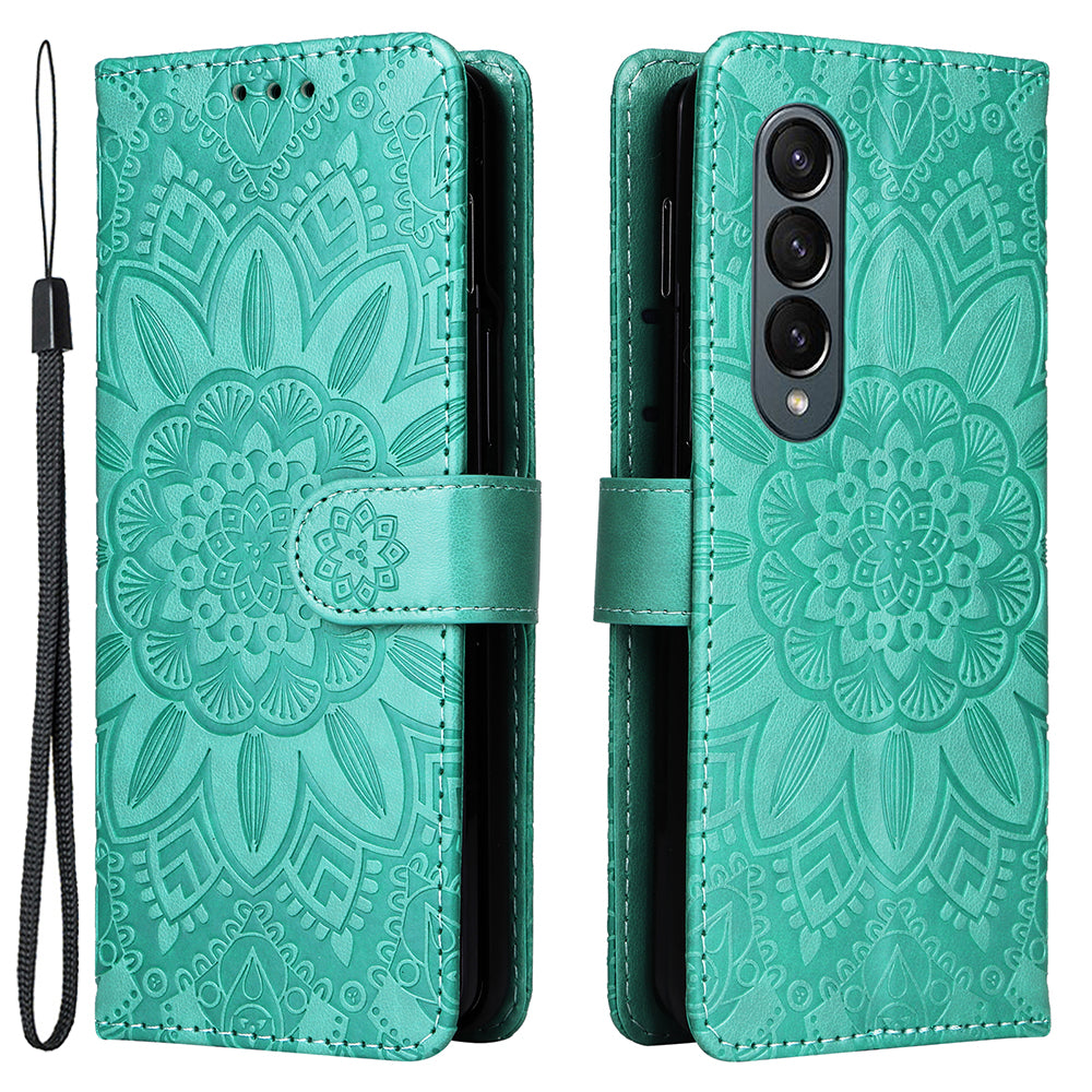 For Samsung Galaxy Z Fold4 5G Leather Stand Phone Case Sunflower Imprinted Wallet Folding Phone Cover with Strap