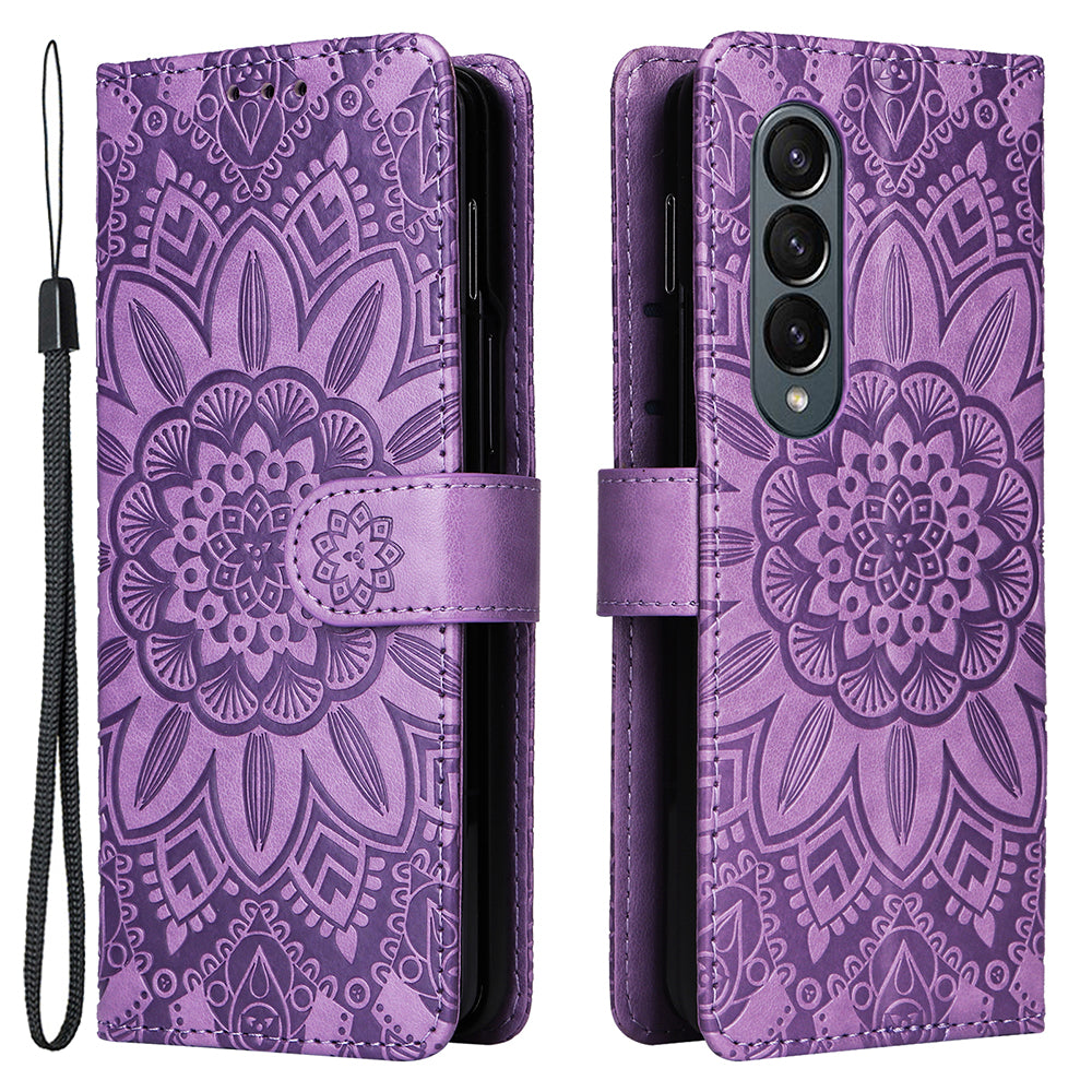 For Samsung Galaxy Z Fold4 5G Leather Stand Phone Case Sunflower Imprinted Wallet Folding Phone Cover with Strap