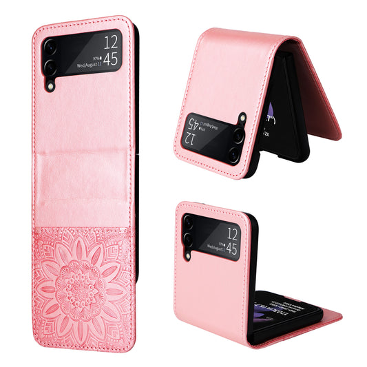 For Samsung Galaxy Z Flip3 5G Leather Phone Case Card Slot Sunflower Imprinted Phone Cover