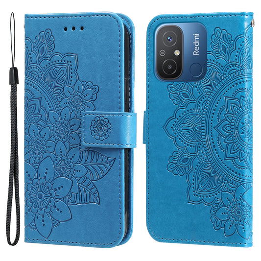 For Xiaomi Redmi 12C 4G / 11A 4G Phone Cover Flower Imprinting Leather Stand Wallet Case with Strap