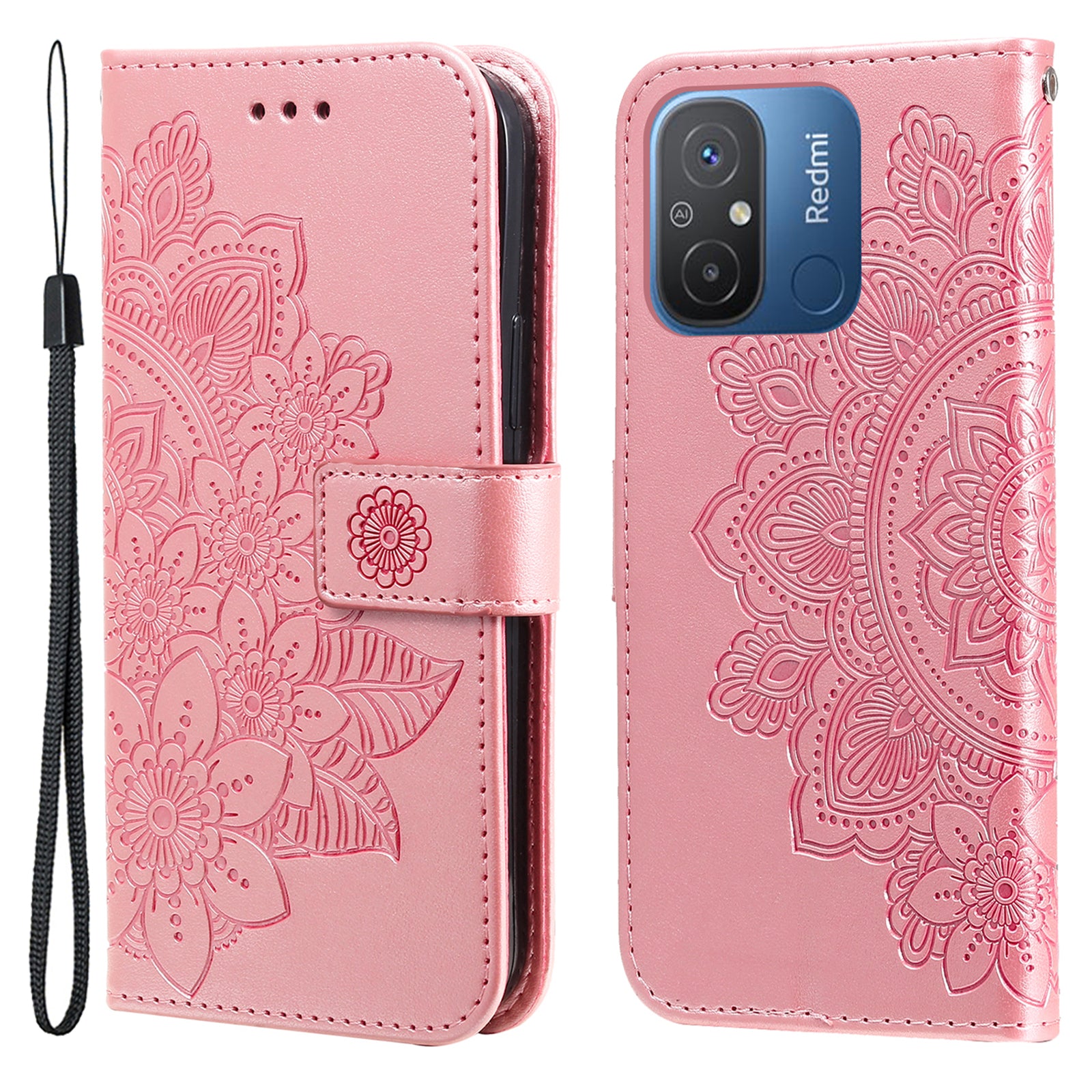 For Xiaomi Redmi 12C 4G / 11A 4G Phone Cover Flower Imprinting Leather Stand Wallet Case with Strap