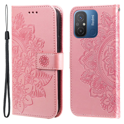 For Xiaomi Redmi 12C 4G / 11A 4G Phone Cover Flower Imprinting Leather Stand Wallet Case with Strap