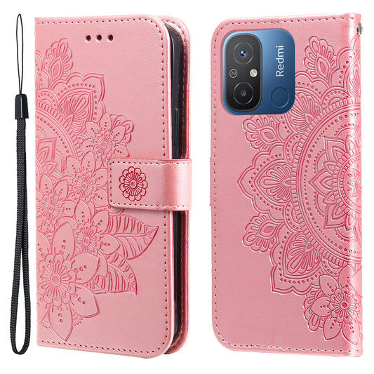 For Xiaomi Redmi 12C 4G / 11A 4G Phone Cover Flower Imprinting Leather Stand Wallet Case with Strap