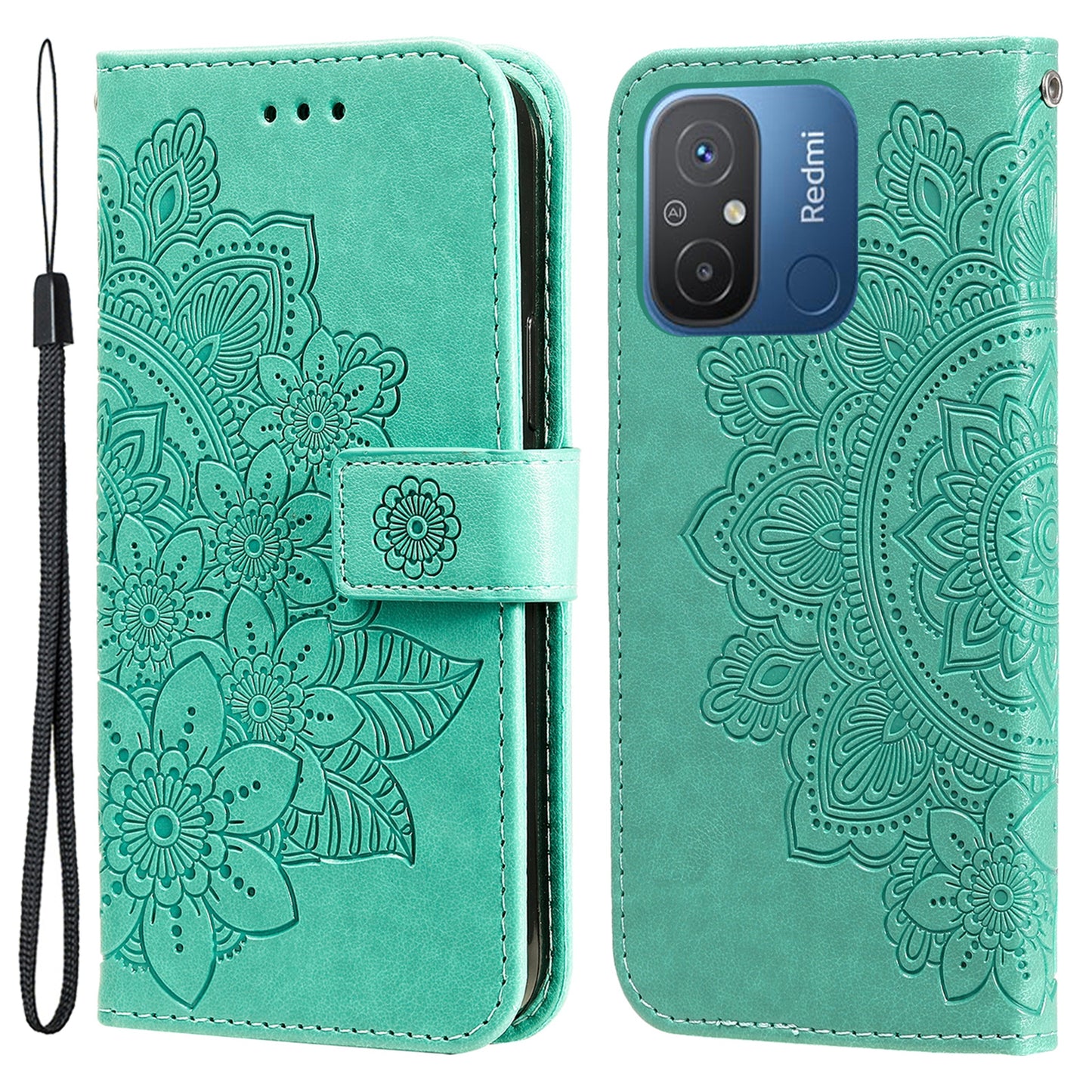 For Xiaomi Redmi 12C 4G / 11A 4G Phone Cover Flower Imprinting Leather Stand Wallet Case with Strap