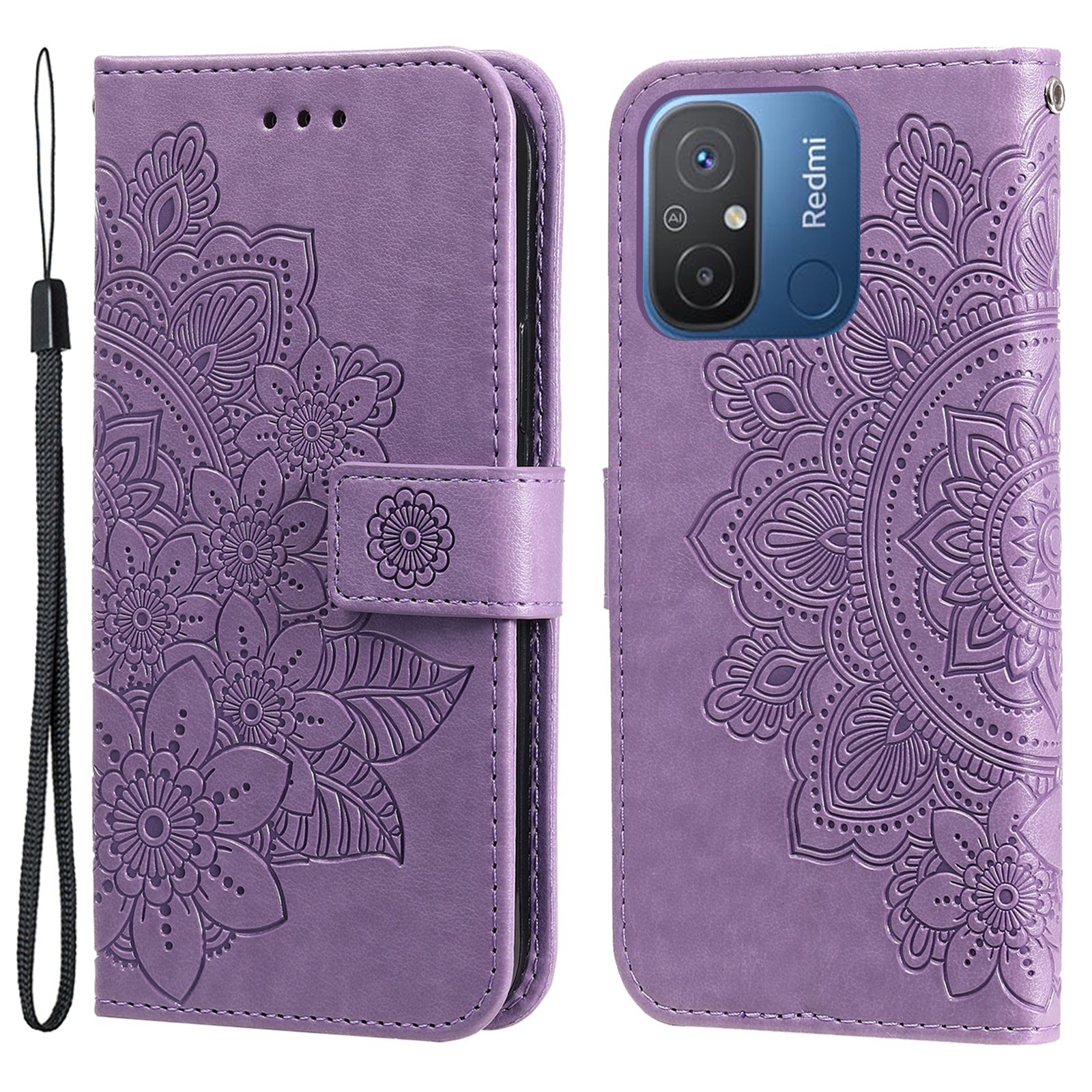 For Xiaomi Redmi 12C 4G / 11A 4G Phone Cover Flower Imprinting Leather Stand Wallet Case with Strap