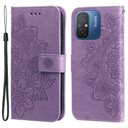 For Xiaomi Redmi 12C 4G / 11A 4G Phone Cover Flower Imprinting Leather Stand Wallet Case with Strap