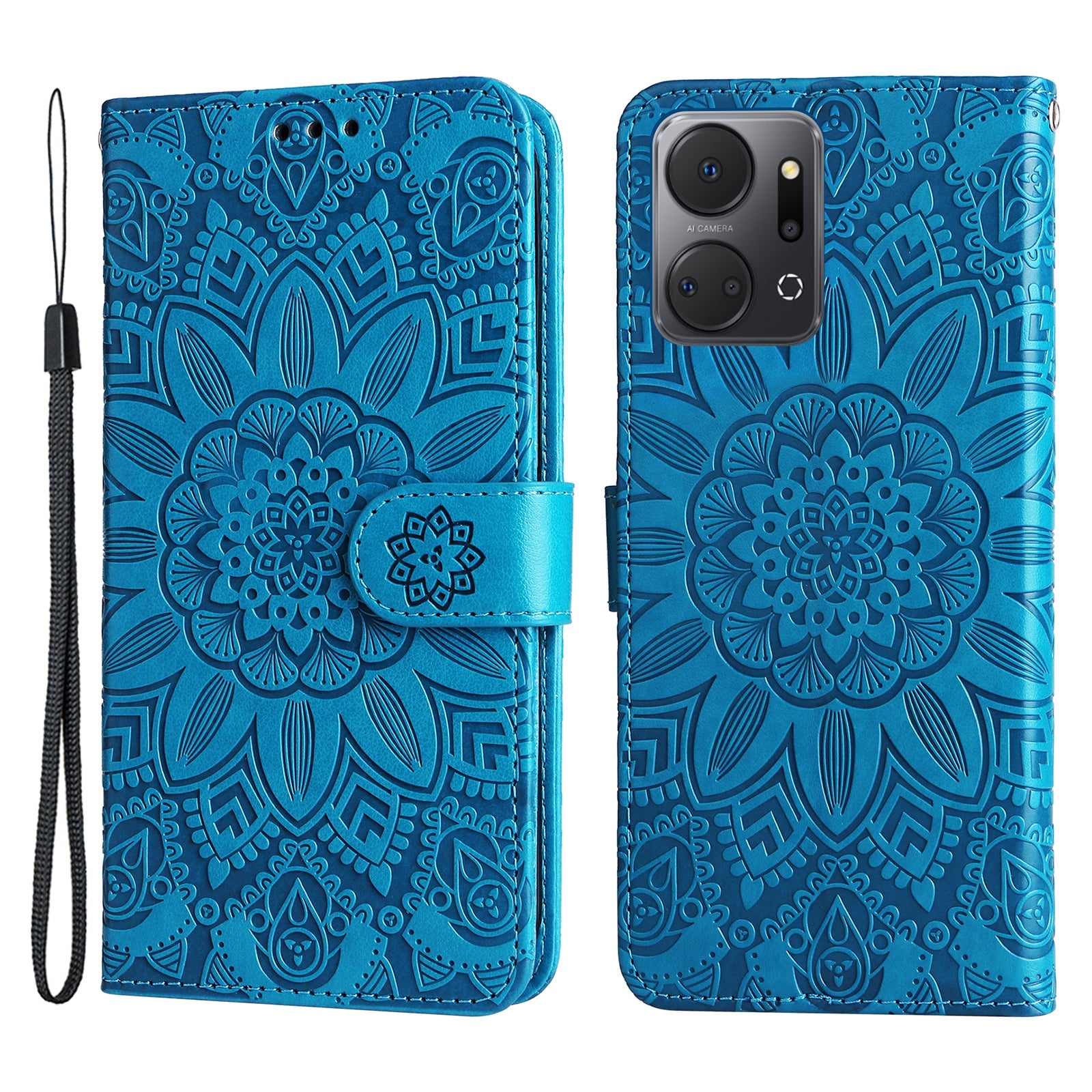 Phone Stand Case for Honor X7a 5G , PU Leather Sunflower Imprinted Wallet Phone Cover with Hand Strap