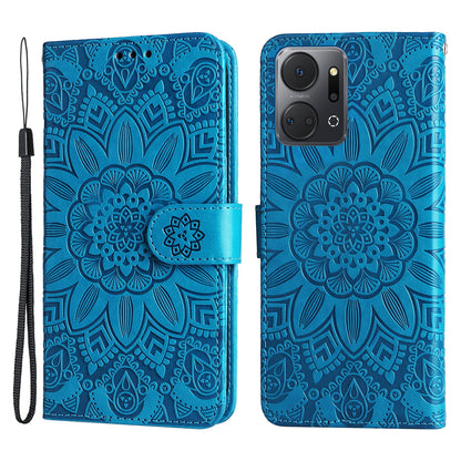Phone Stand Case for Honor X7a 5G , PU Leather Sunflower Imprinted Wallet Phone Cover with Hand Strap