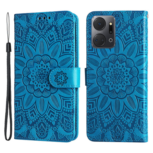 Phone Stand Case for Honor X7a 5G , PU Leather Sunflower Imprinted Wallet Phone Cover with Hand Strap