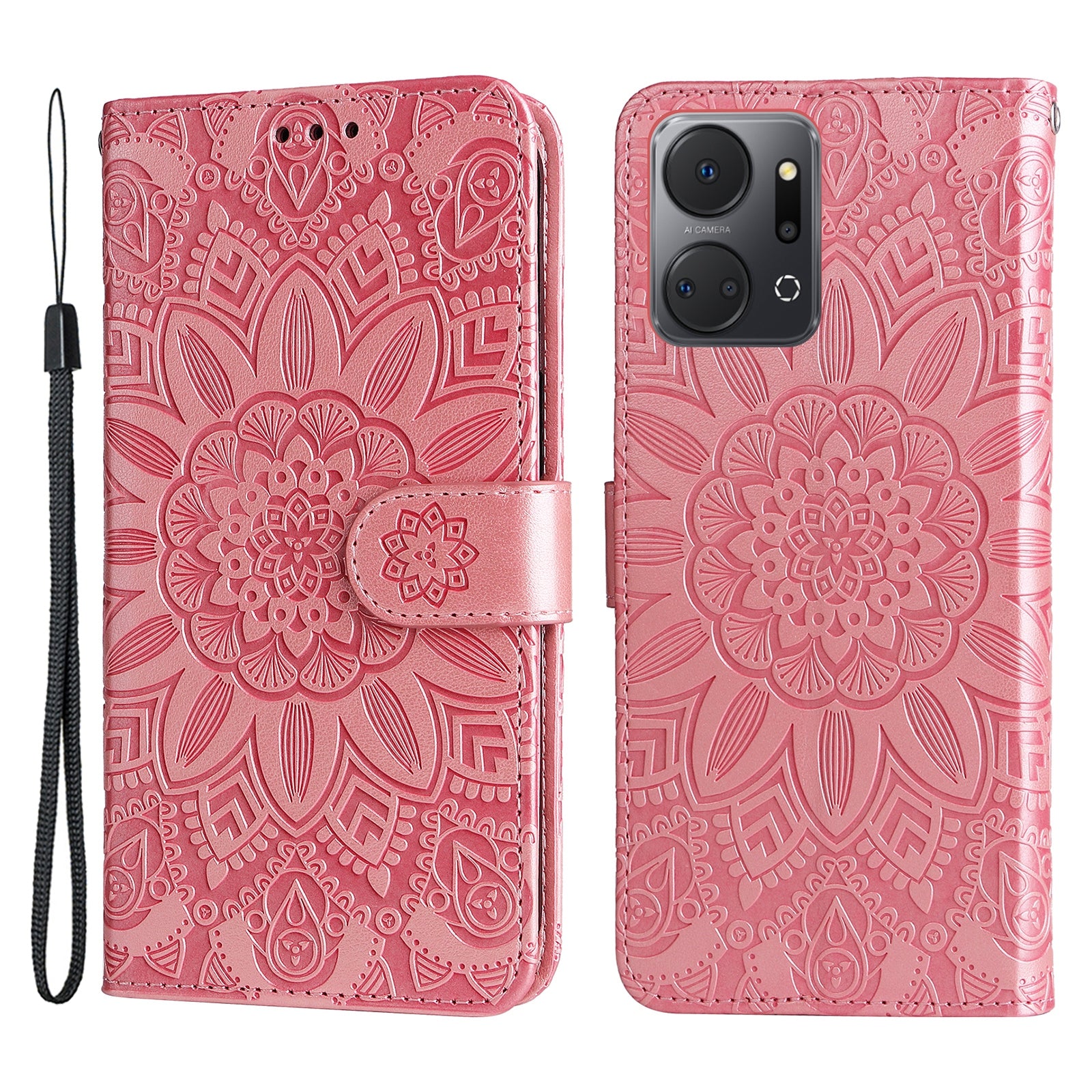 Phone Stand Case for Honor X7a 5G , PU Leather Sunflower Imprinted Wallet Phone Cover with Hand Strap