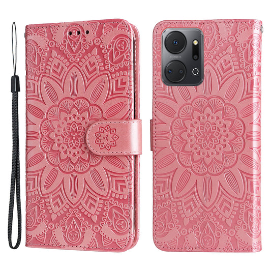 Phone Stand Case for Honor X7a 5G , PU Leather Sunflower Imprinted Wallet Phone Cover with Hand Strap