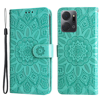 Phone Stand Case for Honor X7a 5G , PU Leather Sunflower Imprinted Wallet Phone Cover with Hand Strap