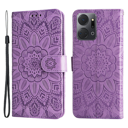 Phone Stand Case for Honor X7a 5G , PU Leather Sunflower Imprinted Wallet Phone Cover with Hand Strap