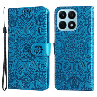 For Honor X8a 4G PU Leather Phone Wallet Case Stand Sunflower Imprinted Phone Cover with Hand Strap