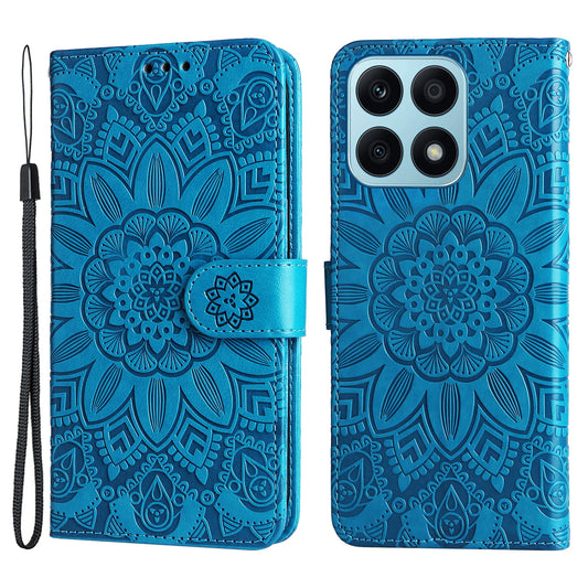 For Honor X8a 4G PU Leather Phone Wallet Case Stand Sunflower Imprinted Phone Cover with Hand Strap
