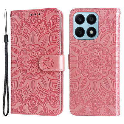 For Honor X8a 4G PU Leather Phone Wallet Case Stand Sunflower Imprinted Phone Cover with Hand Strap