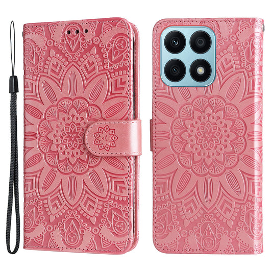 For Honor X8a 4G PU Leather Phone Wallet Case Stand Sunflower Imprinted Phone Cover with Hand Strap
