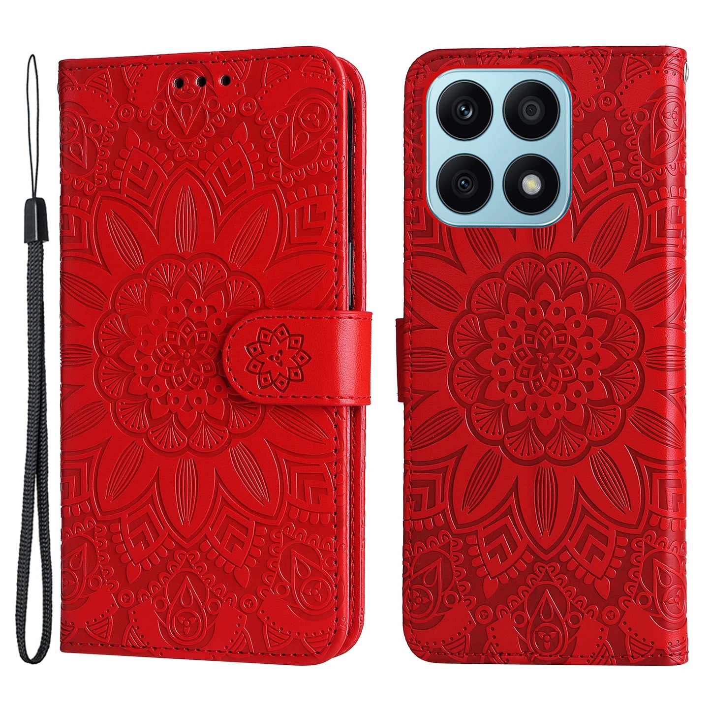 For Honor X8a 4G PU Leather Phone Wallet Case Stand Sunflower Imprinted Phone Cover with Hand Strap