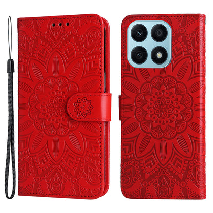 For Honor X8a 4G PU Leather Phone Wallet Case Stand Sunflower Imprinted Phone Cover with Hand Strap