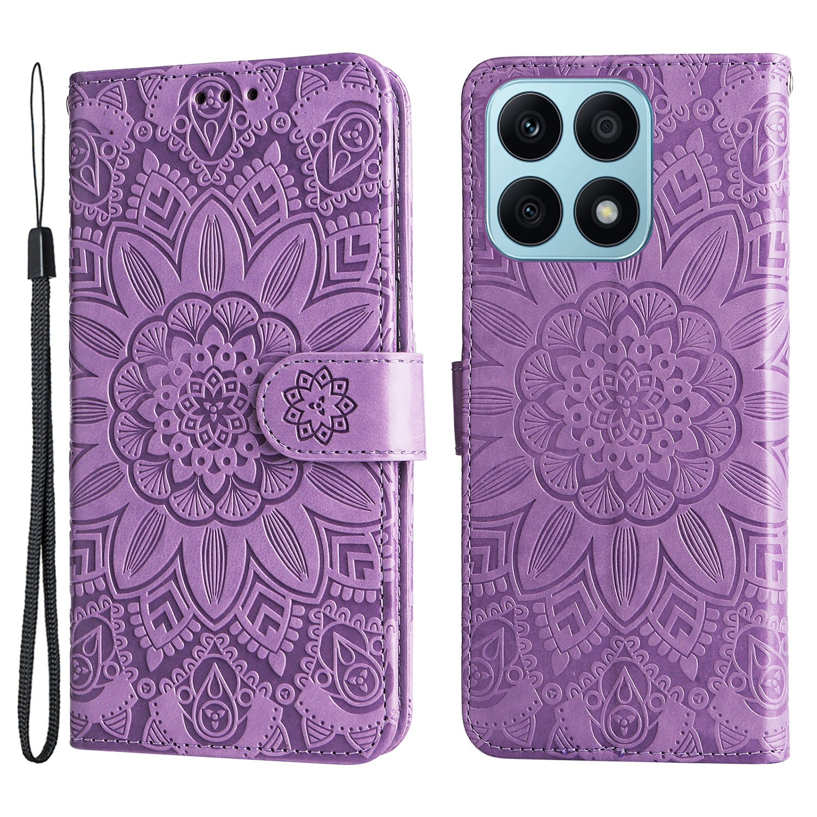 For Honor X8a 4G PU Leather Phone Wallet Case Stand Sunflower Imprinted Phone Cover with Hand Strap