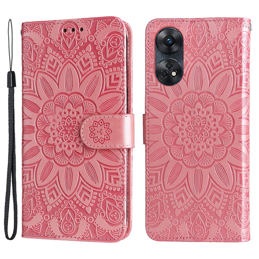 For Oppo Reno8 T 4G Sunflower Imprinted Phone Case Stand Wallet Leather Cover with Hand Strap