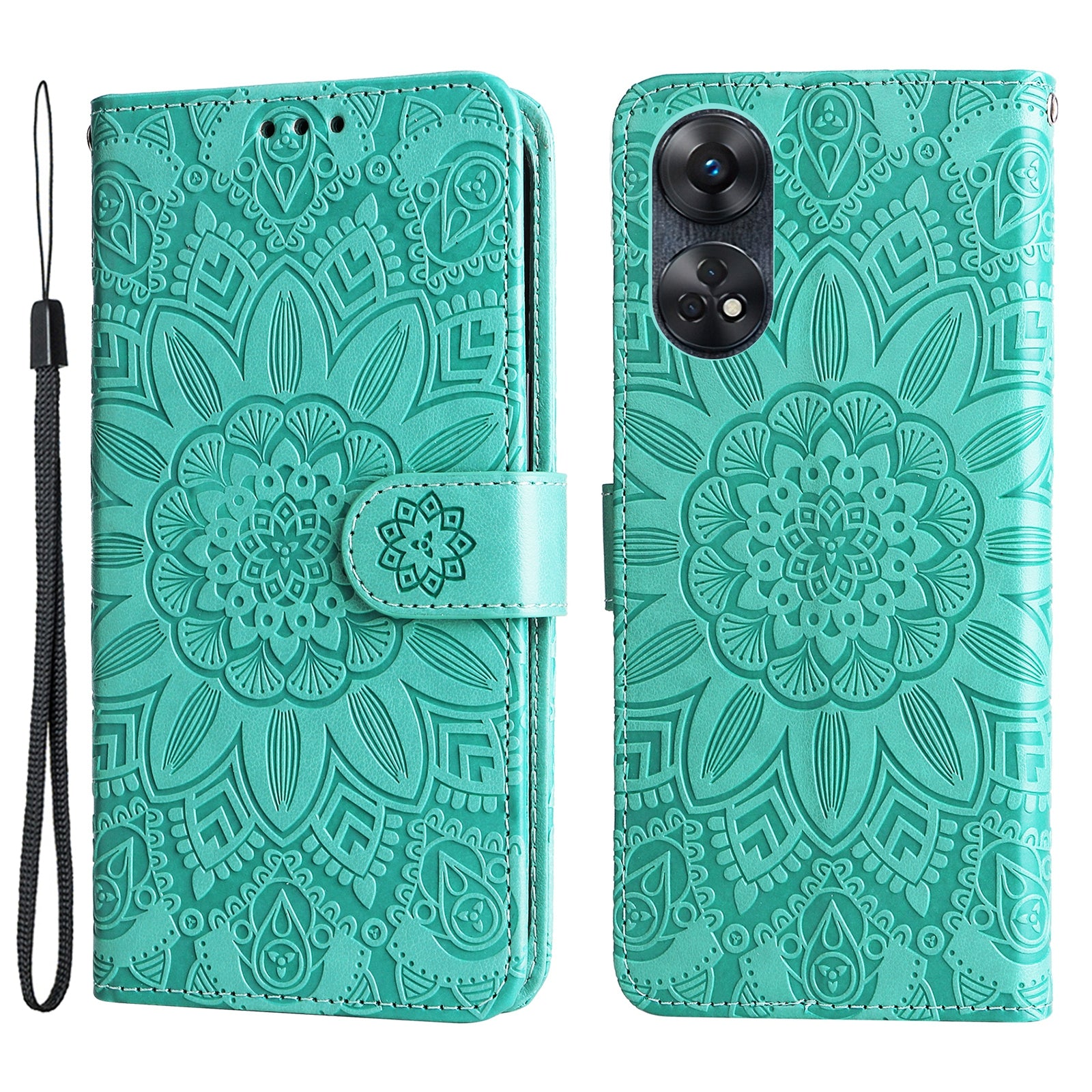 For Oppo Reno8 T 4G Sunflower Imprinted Phone Case Stand Wallet Leather Cover with Hand Strap