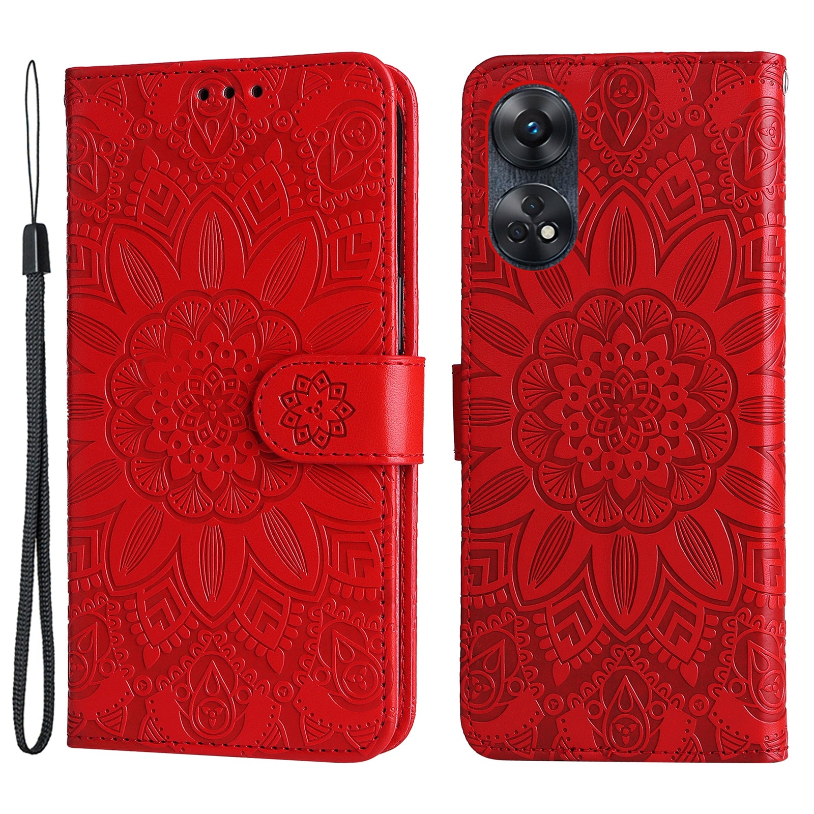 For Oppo Reno8 T 4G Sunflower Imprinted Phone Case Stand Wallet Leather Cover with Hand Strap