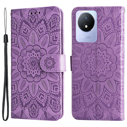 For vivo Y02 4G Phone Leather Cover Sunflower Imprinted Wallet Cell Phone Stand Case