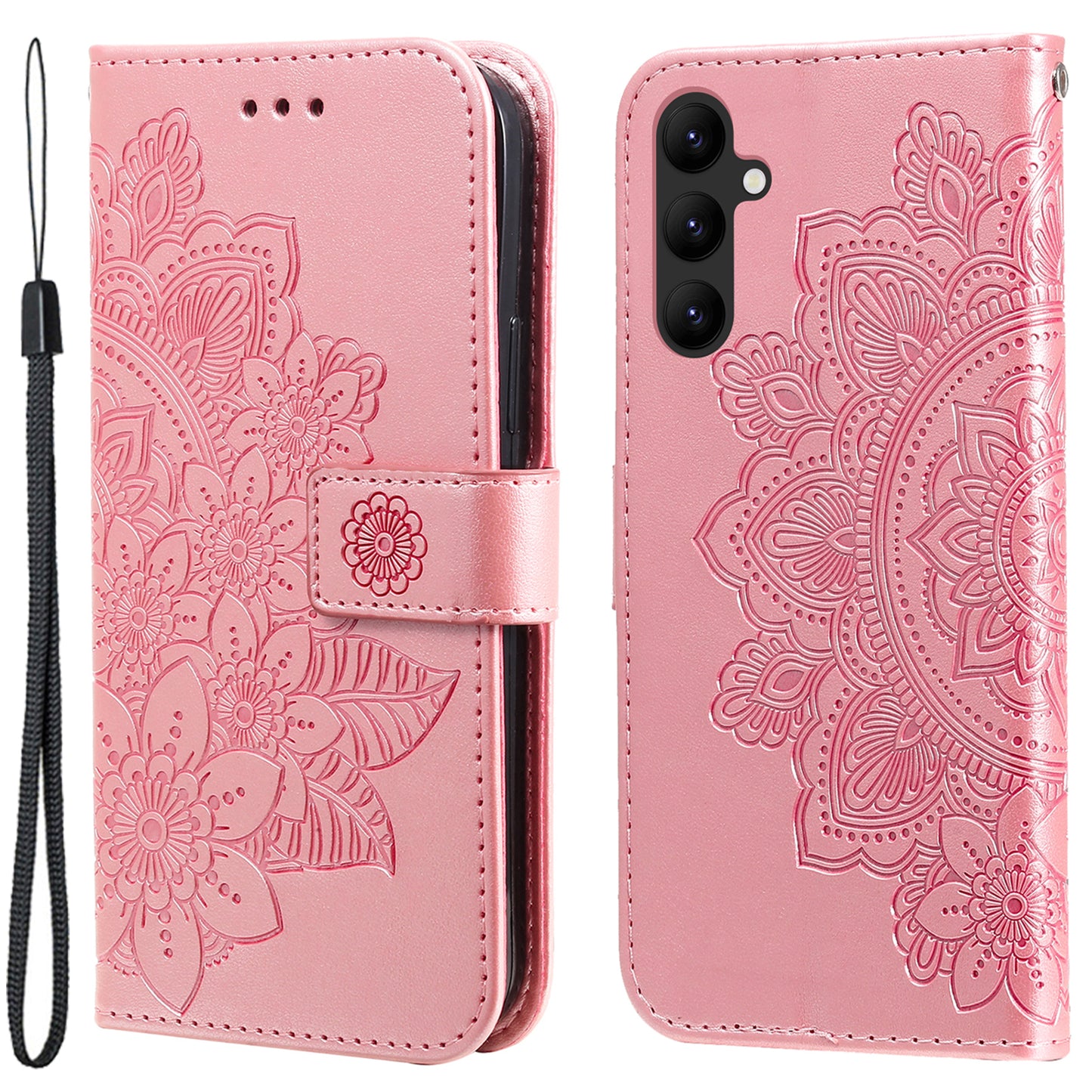 For Samsung Galaxy A24 4G Phone Cover Flower Imprinting Leather Stand Wallet Case with Strap