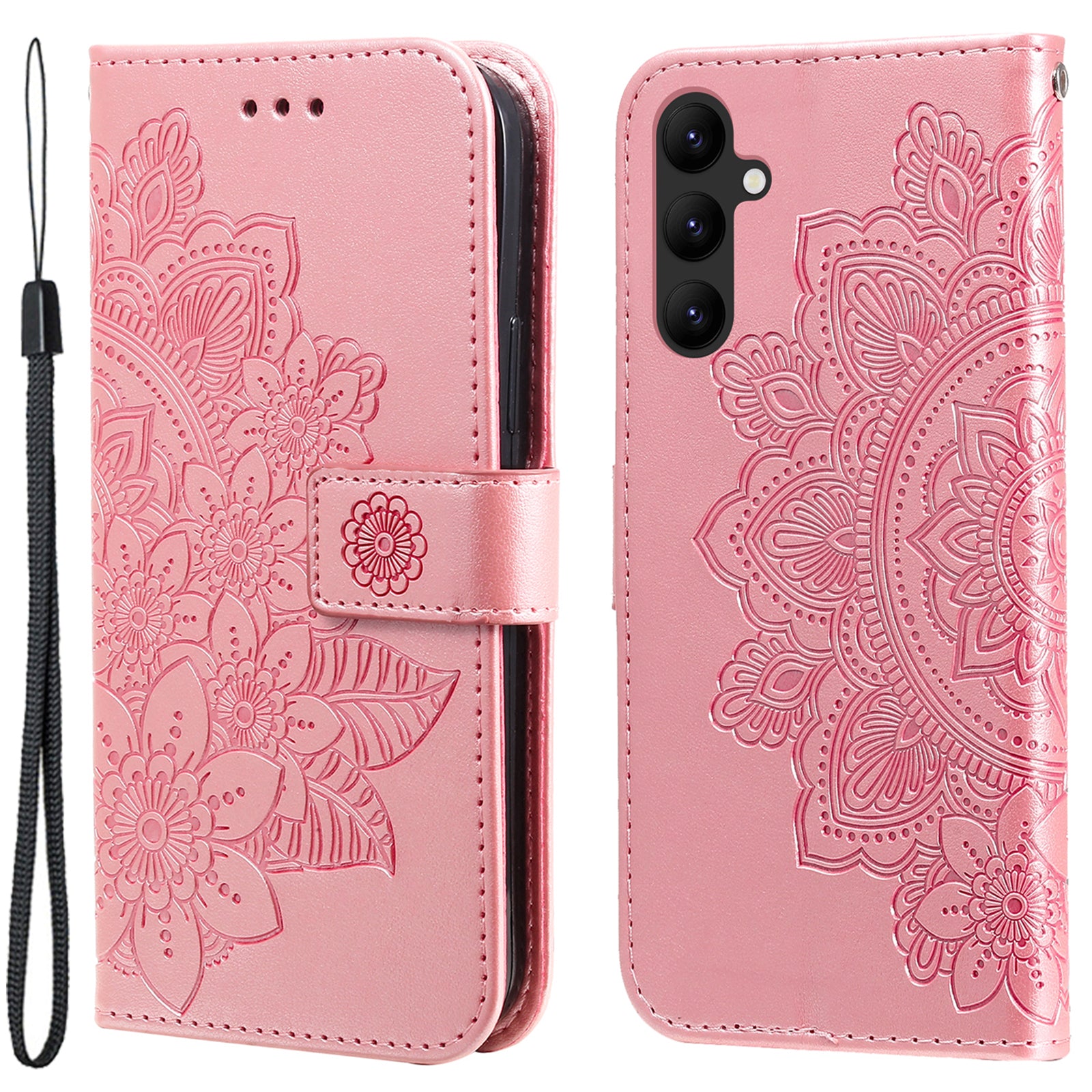 For Samsung Galaxy A24 4G Phone Cover Flower Imprinting Leather Stand Wallet Case with Strap