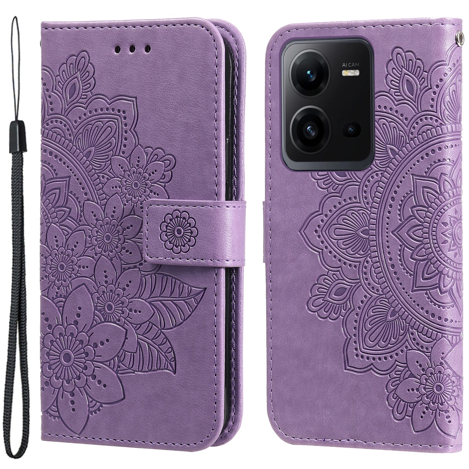 For vivo V25 5G / V25e 4G Flower Imprinting Leather Phone Cover Stand Wallet Case with Strap