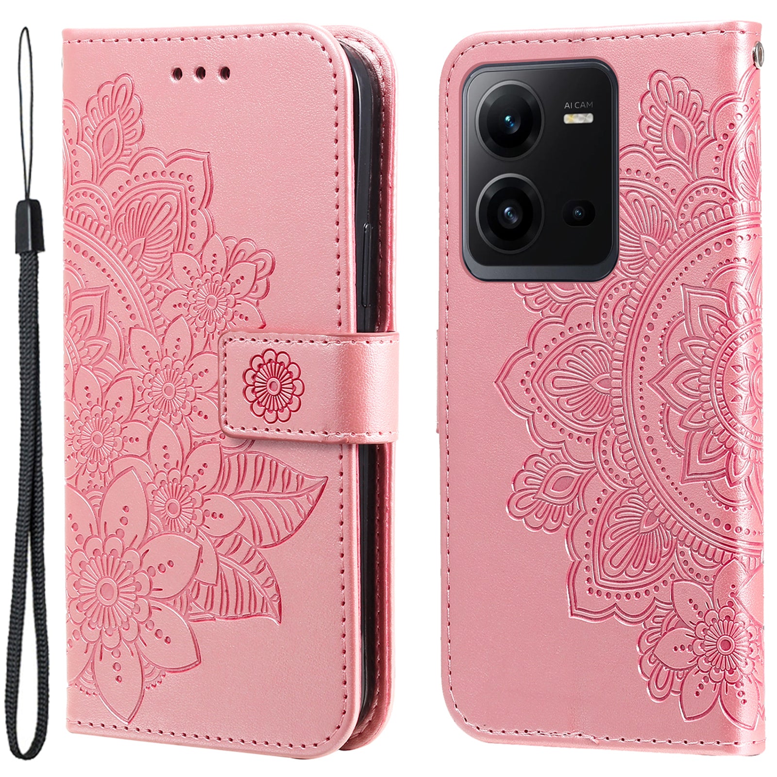 For vivo V25 5G / V25e 4G Flower Imprinting Leather Phone Cover Stand Wallet Case with Strap