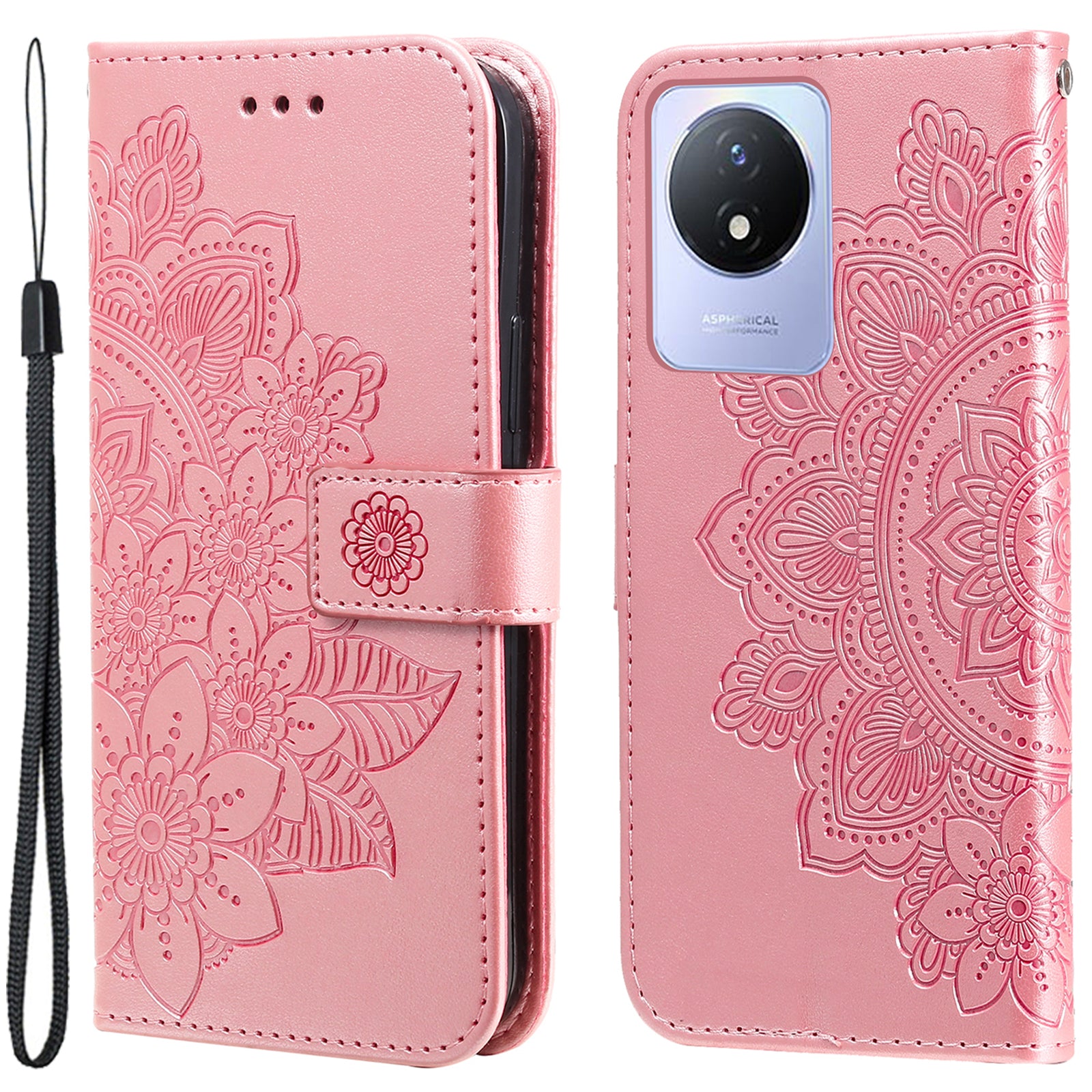 For vivo Y02 4G Anti-Scratch Phone Cover Flower Imprinting Leather Stand Wallet Case with Strap