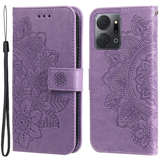 For Honor X7a 5G Anti-Fading Phone Cover Flower Imprinting Leather Stand Wallet Case with Strap