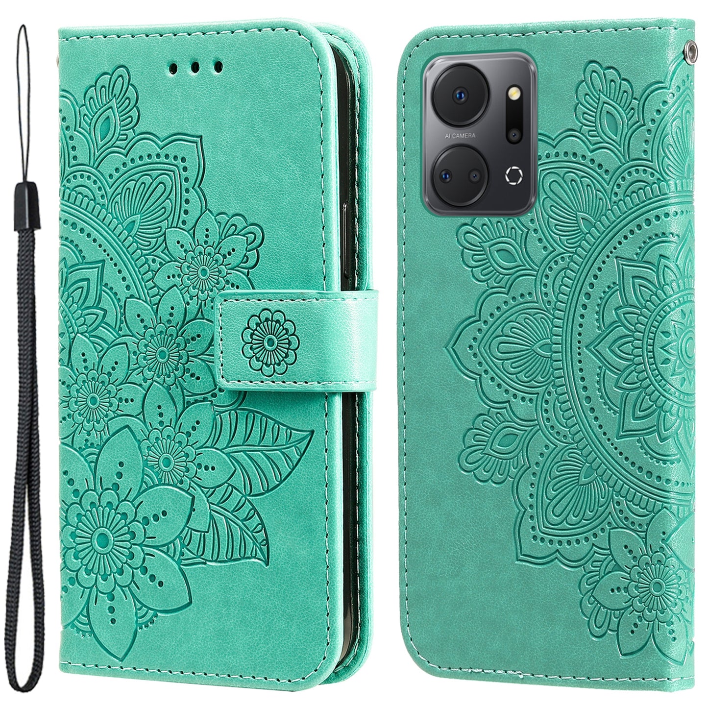 For Honor X7a 5G Anti-Fading Phone Cover Flower Imprinting Leather Stand Wallet Case with Strap