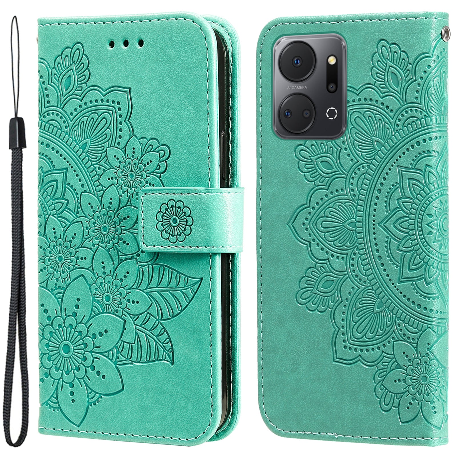For Honor X7a 5G Anti-Fading Phone Cover Flower Imprinting Leather Stand Wallet Case with Strap