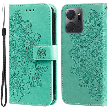 For Honor X7a 5G Anti-Fading Phone Cover Flower Imprinting Leather Stand Wallet Case with Strap