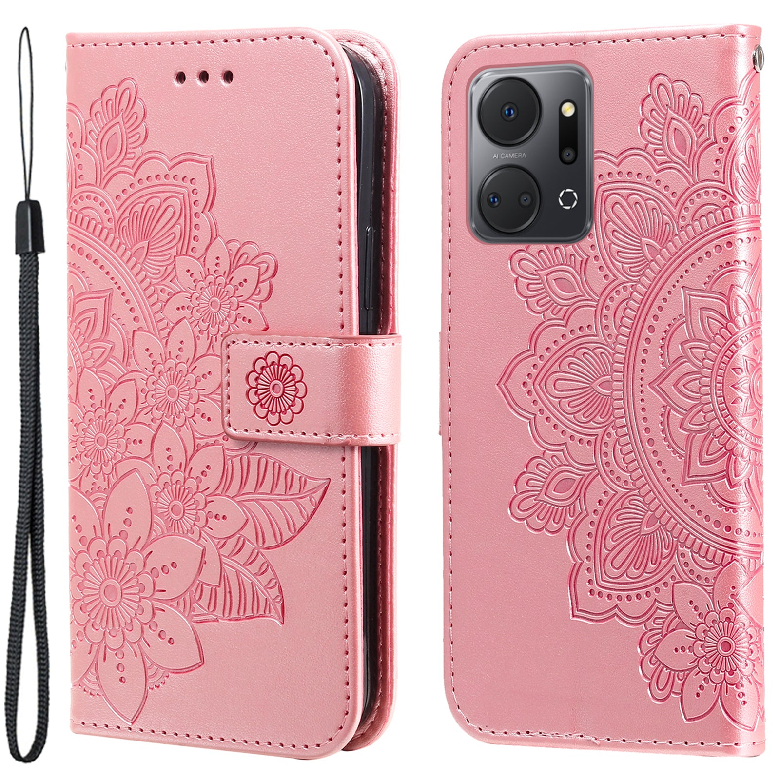 For Honor X7a 5G Anti-Fading Phone Cover Flower Imprinting Leather Stand Wallet Case with Strap