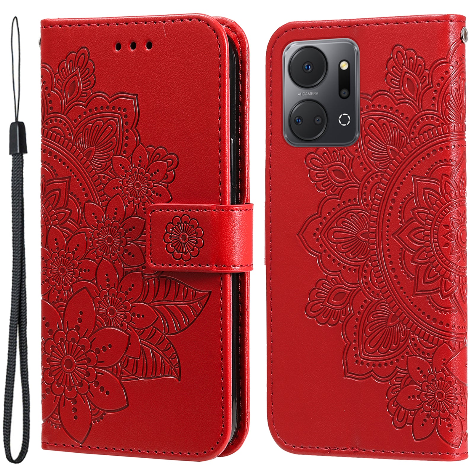 For Honor X7a 5G Anti-Fading Phone Cover Flower Imprinting Leather Stand Wallet Case with Strap