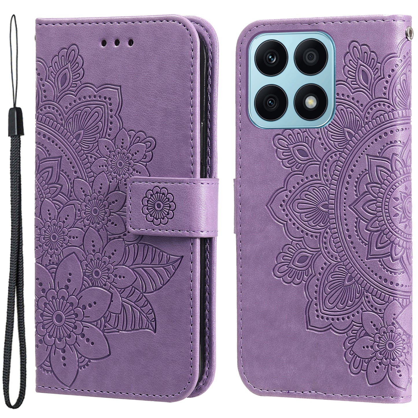 For Honor X8a 4G Stand Wallet Phone Cover Flower Imprinting Leather Phone Case with Strap