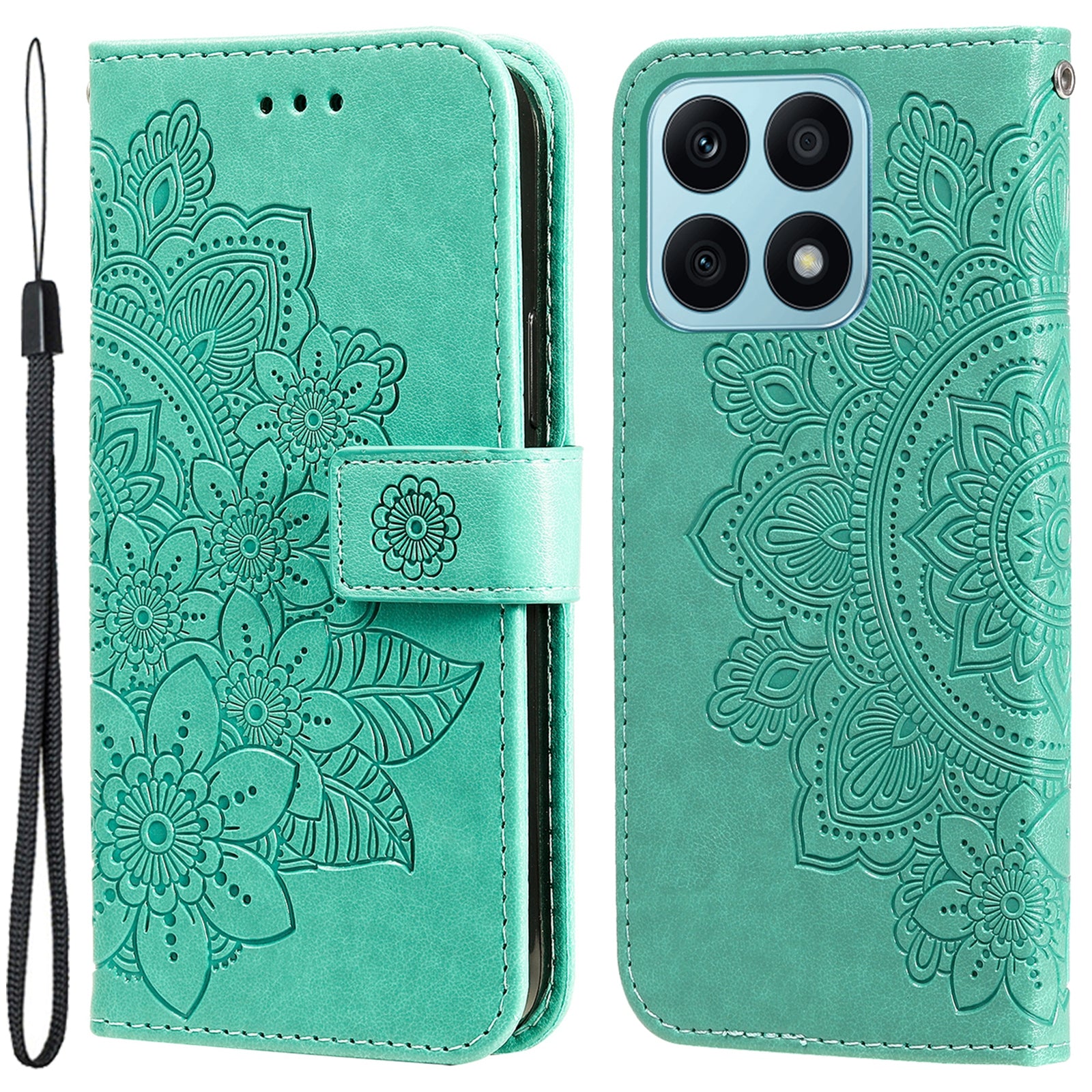 For Honor X8a 4G Stand Wallet Phone Cover Flower Imprinting Leather Phone Case with Strap