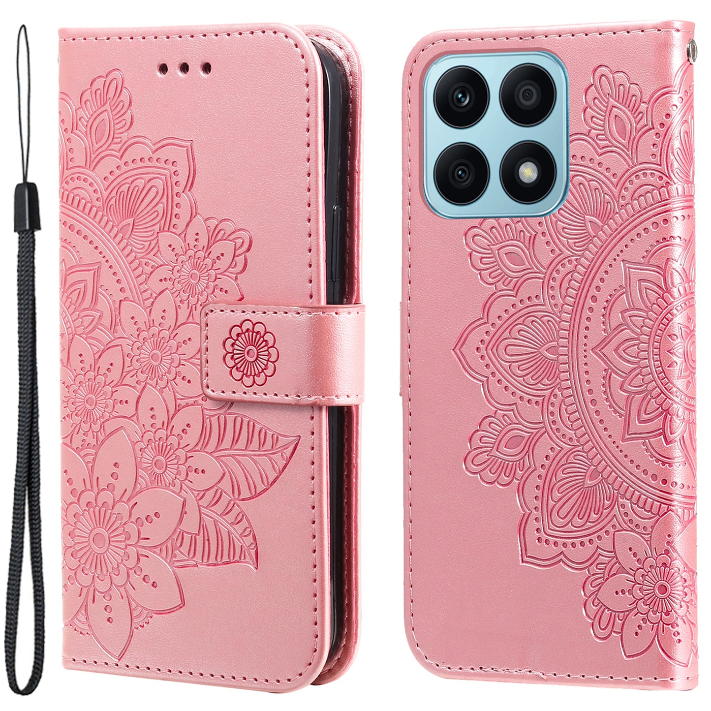 For Honor X8a 4G Stand Wallet Phone Cover Flower Imprinting Leather Phone Case with Strap