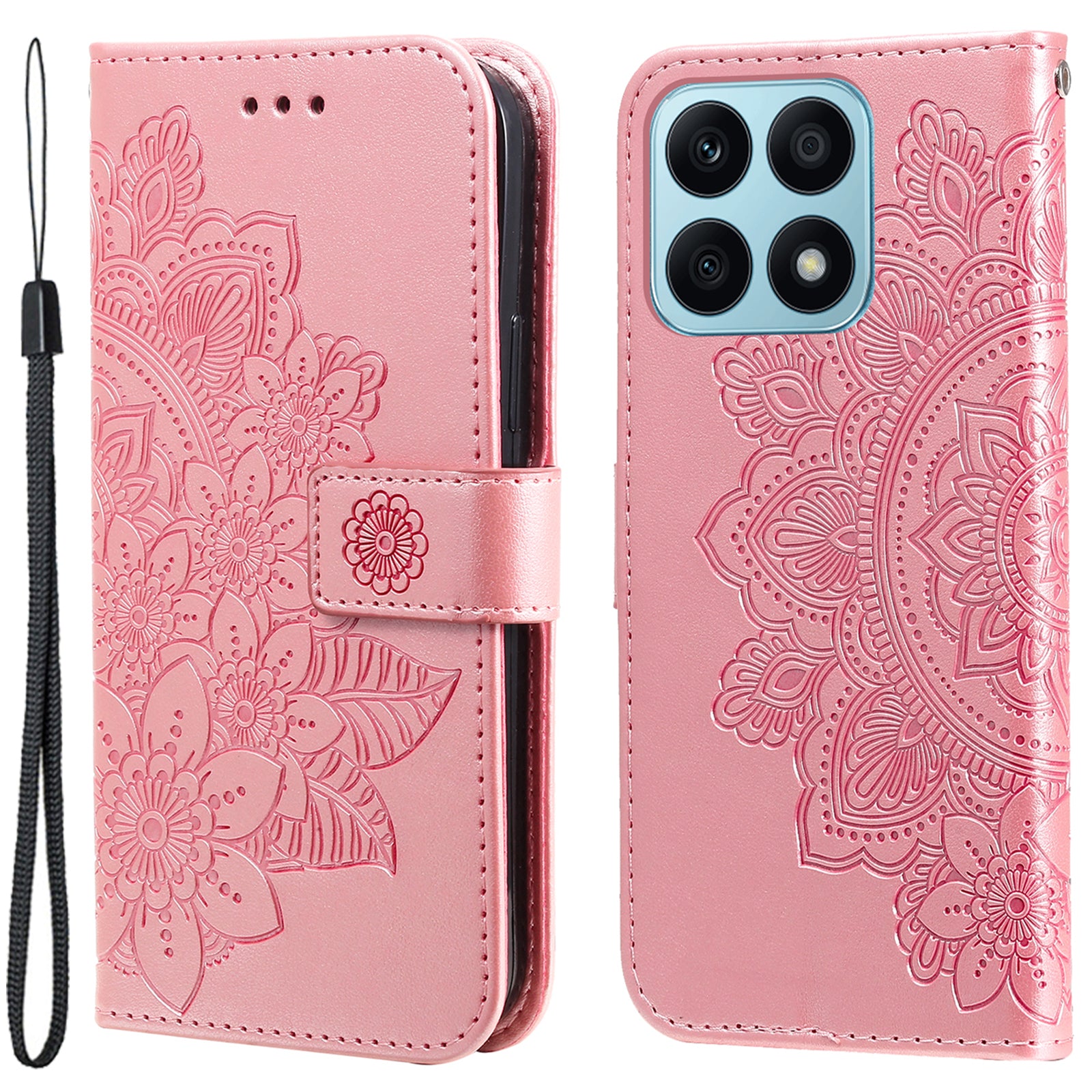 For Honor X8a 4G Stand Wallet Phone Cover Flower Imprinting Leather Phone Case with Strap